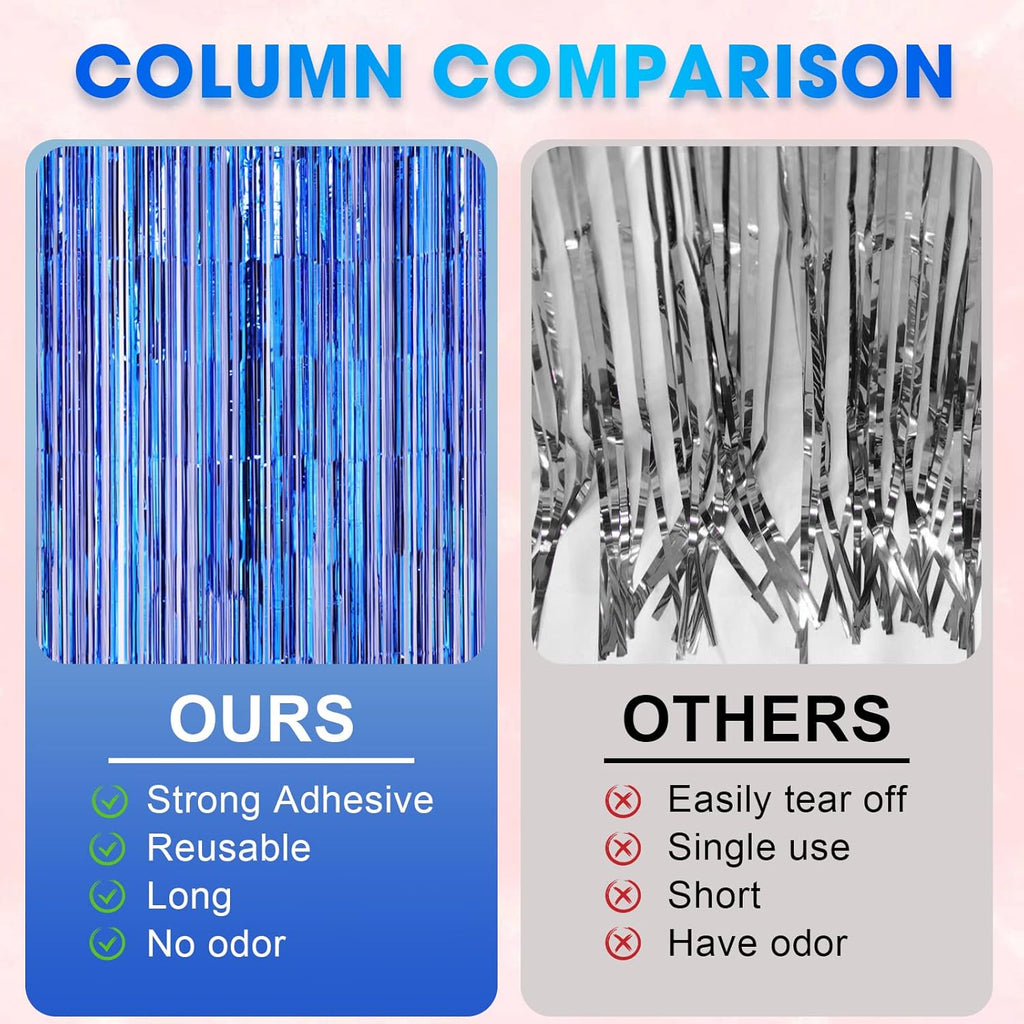 Voircoloria Blue Foil Fringe Backdrop Curtains - 4 Pack Tinsel Streamers for Parties & Events