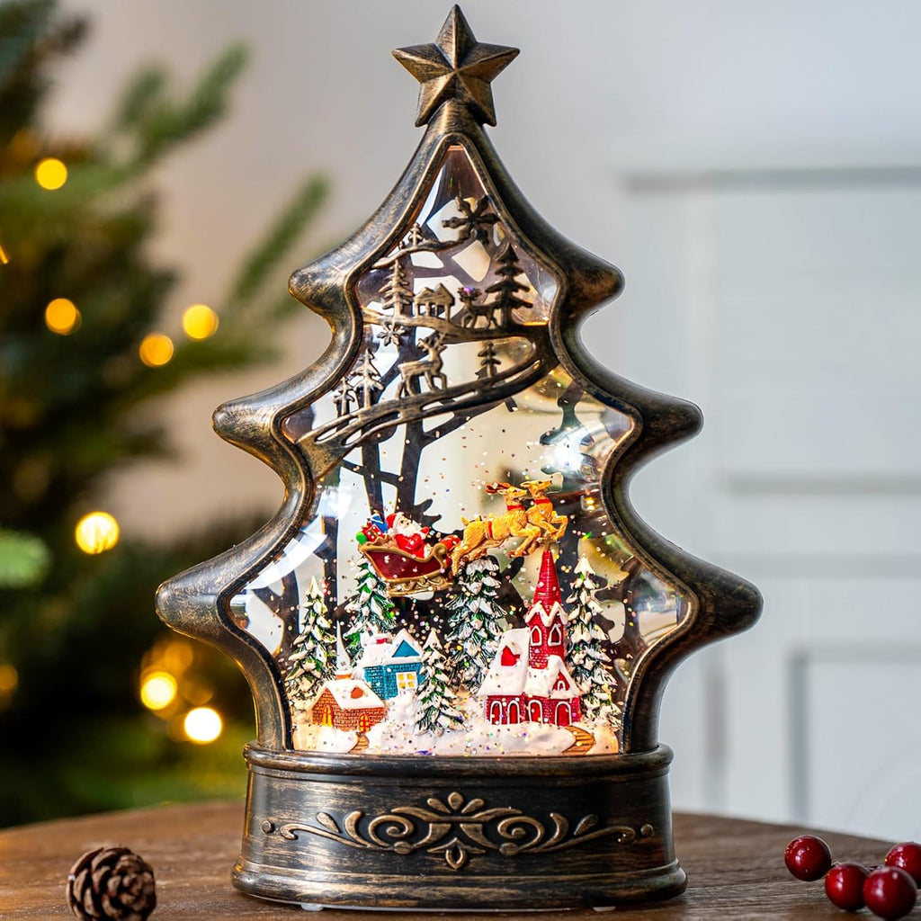 Regine Switzerland Christmas Snow Globe Lantern - Glittering Buildings & Santa's Deer | USB & Battery Operated with Music & Timer