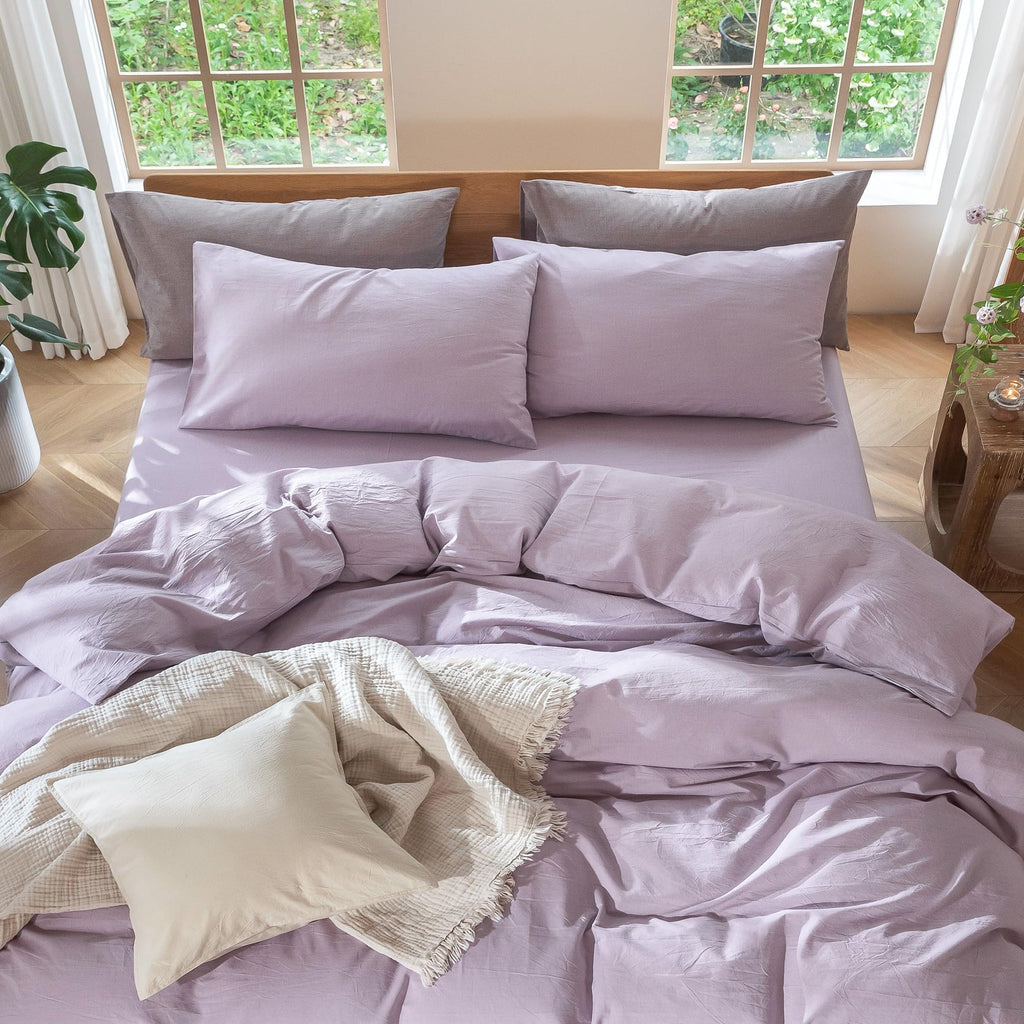 MooMee Bedding Pillowcases Pack of 2 100% Washed Cotton Linen Like Textured Breathable Durable Soft Comfy (Heathered Light Purple, Standard)