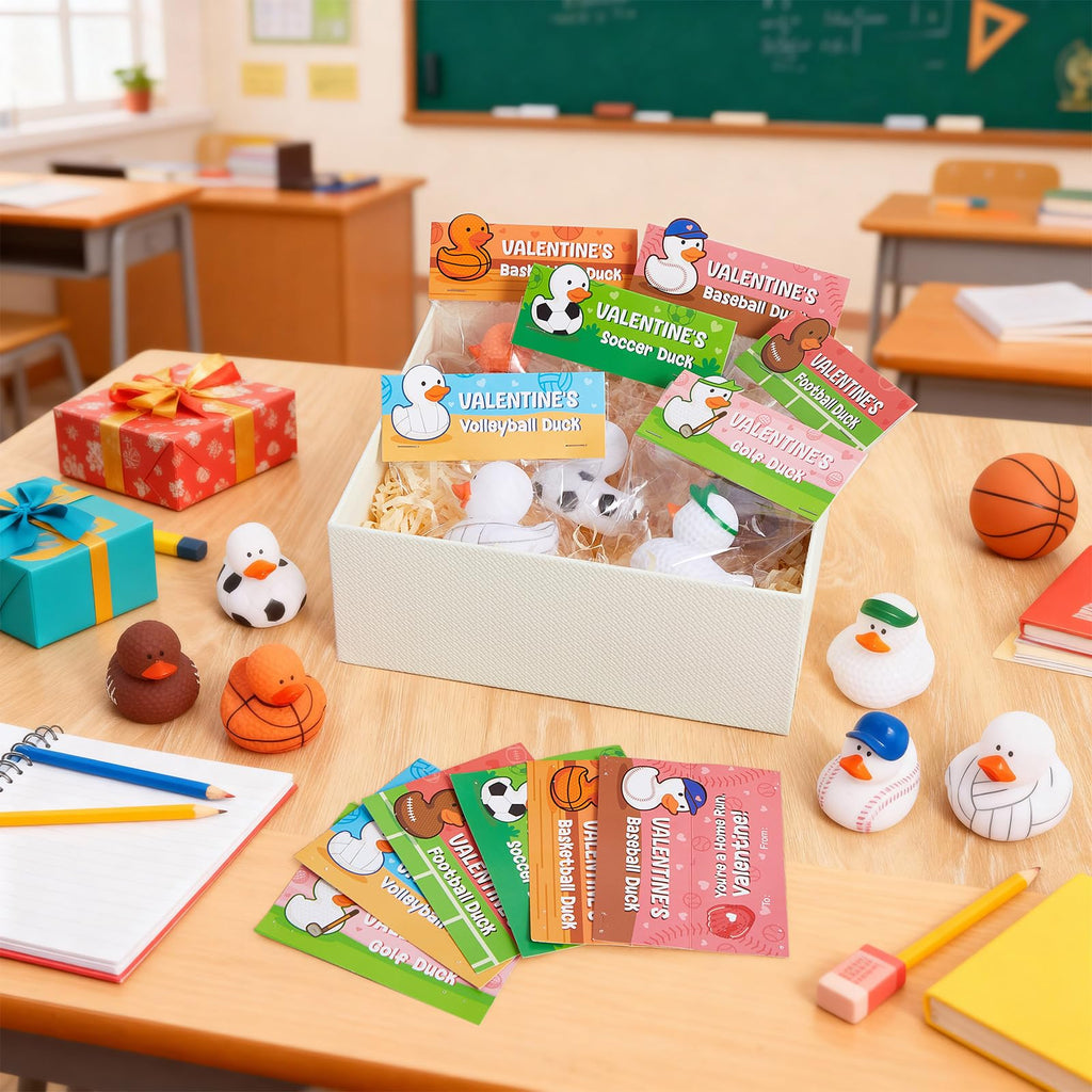 Deekin 30 Packs Valentines Gifts for Kids 2 Inches Sports Valentines Rubber Ducks Valentine's Day Exchange Gifts for Boys Girls School Classroom Prizes Cruise Ships Party Favors