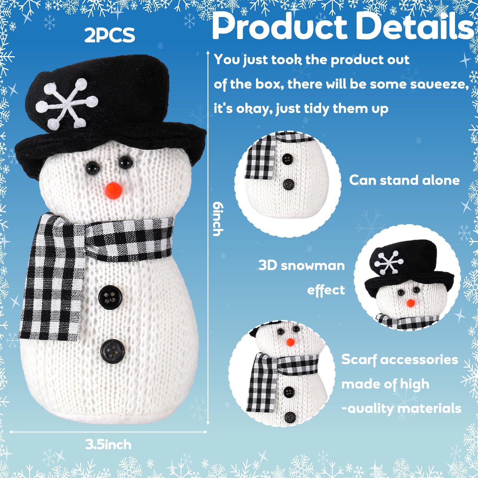 SmoothNovelty 2 Pcs Winter Snowman Plush Toys 6'' Snowman Figurines with Black and White Checkered Scarf Christmas Snow Man Table Centerpieces for Holiday Winter Home Table Fireplace Decor