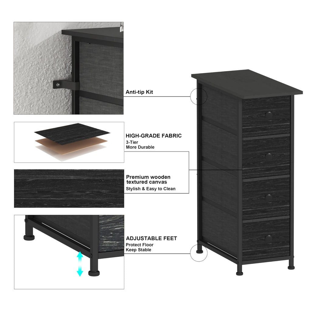 GiftGo Narrow Dresser Vertical Slim Dresser Chest of Drawers Skinny Storage Tower for Small Spaces Gaps Closet Bedroom Bathroom Small Fabric Drawer Unit (Charcoal Black, 4 Drawers)
