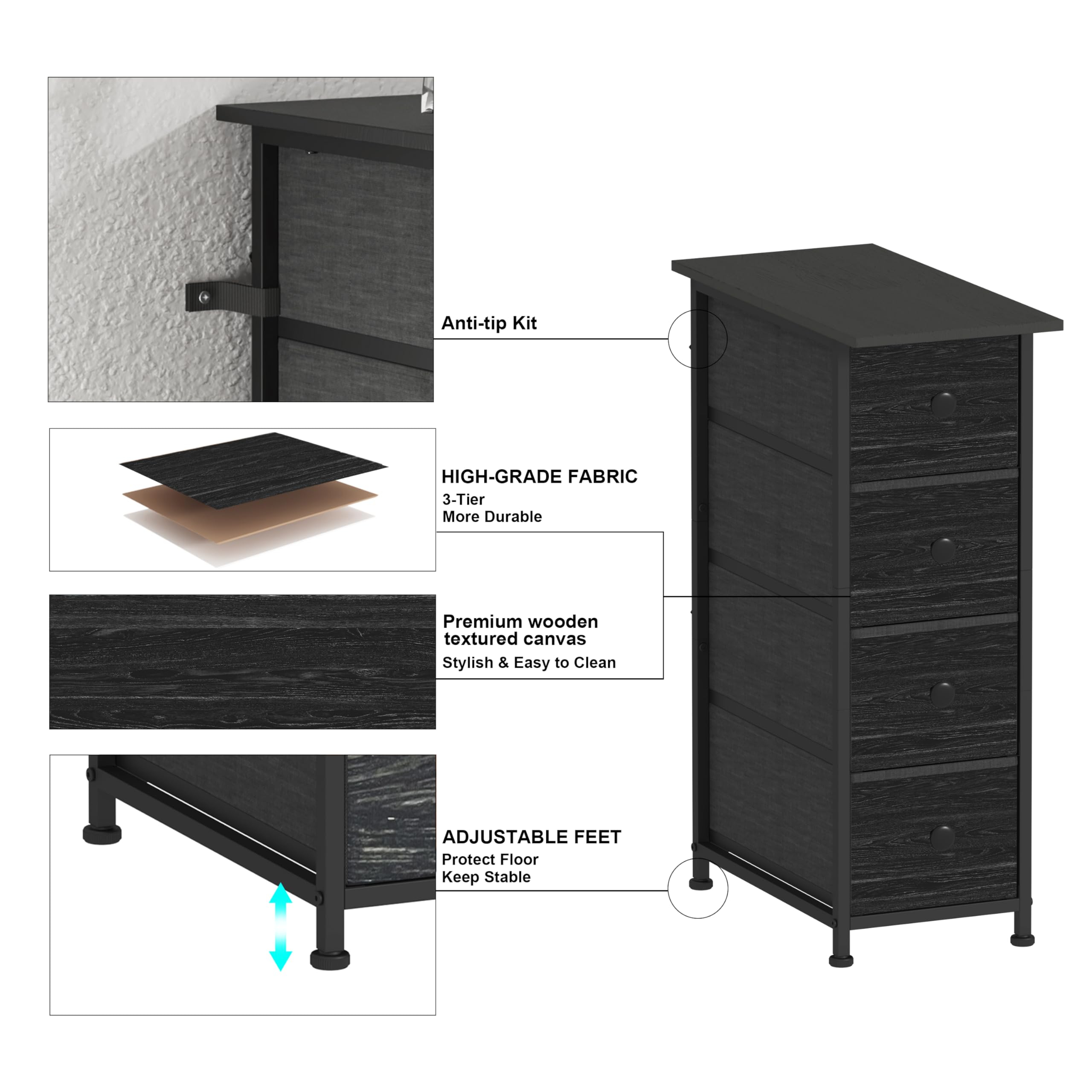 GiftGo Narrow Dresser Vertical Slim Dresser Chest of Drawers Skinny Storage Tower for Small Spaces Gaps Closet Bedroom Bathroom Small Fabric Drawer Unit (Charcoal Black, 4 Drawers)