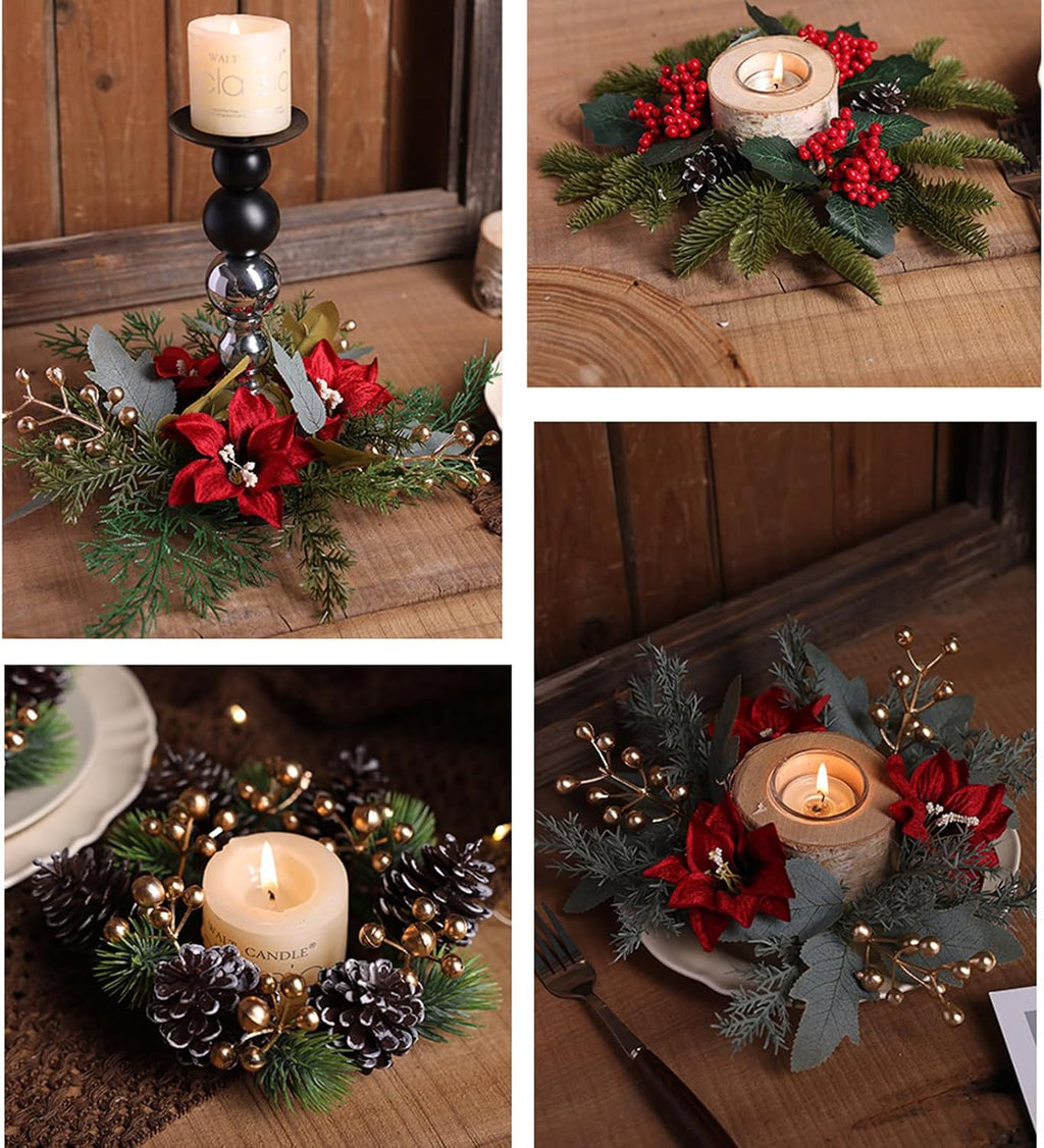 Regine Switzerland Christmas Candle Rings - Festive Pine Needles & Red Berries | Winter Table Centerpiece Decor