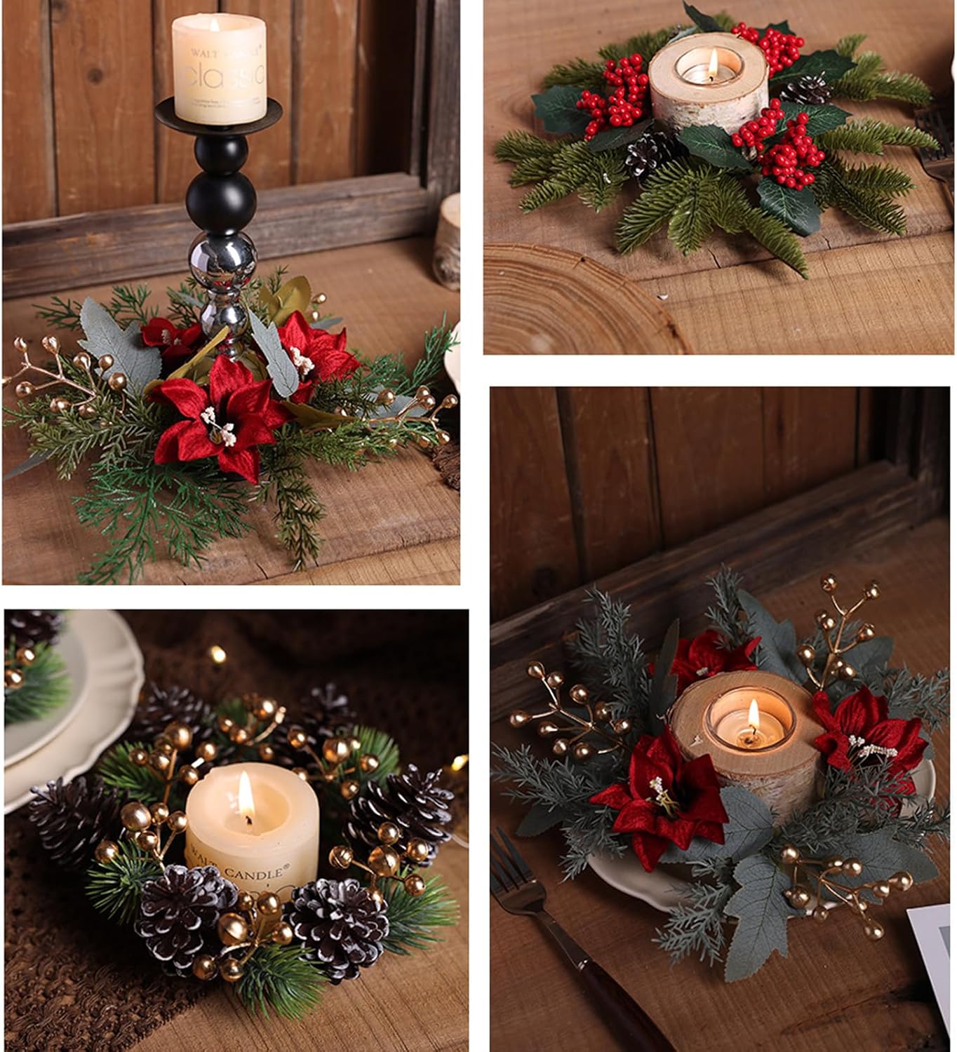 Regine Switzerland Christmas Candle Rings - Festive Pine Needles & Red Berries | Winter Table Centerpiece Decor