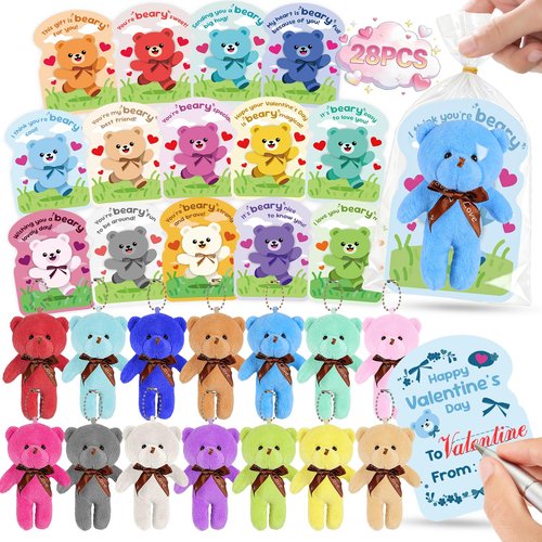 28 Packs Valentine's Day Gift for Kids - 4.7" Mini Plush Bear Stuffed Animals Bulk Keychain with Valentine's Day Cards for Kids School, Classroom Gift Exchange, Party Favor & Prize for Boys Girls