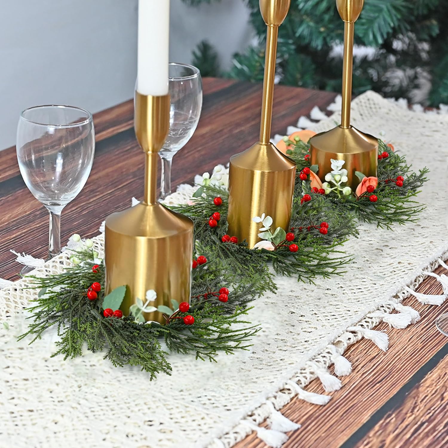 Regine Switzerland Christmas Candle Rings - 4 PCS Artificial Berries & Pine Needles Wreaths for Home Decor