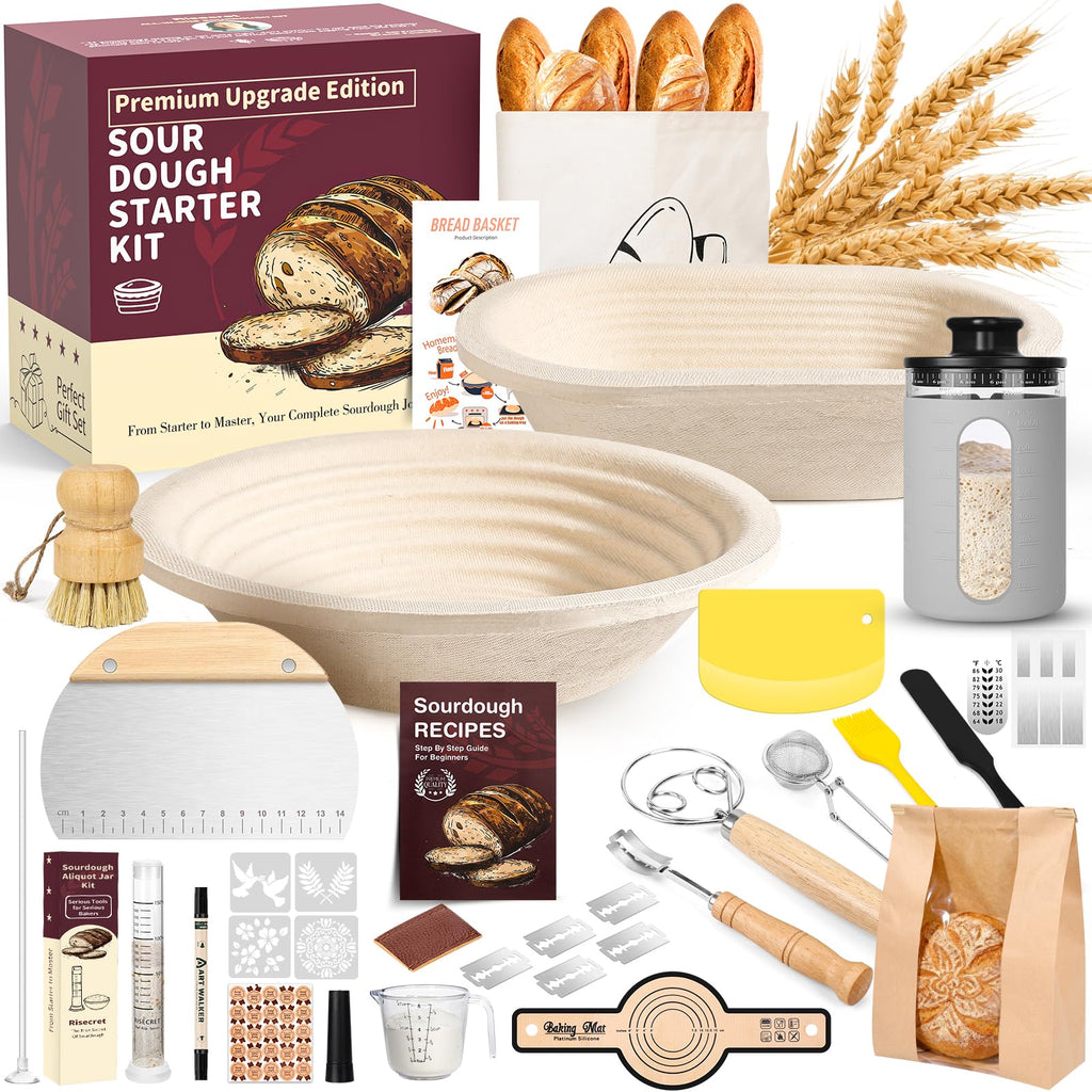 Sourdough Starter Kit with Aliquot Jar, Wood Pulp 9" Round & 10" Oval Bannetons & 34 oz Sourdough Starter Jar & Bread Sling Scrapers & Bag Complete Sourdough Baking Supplies