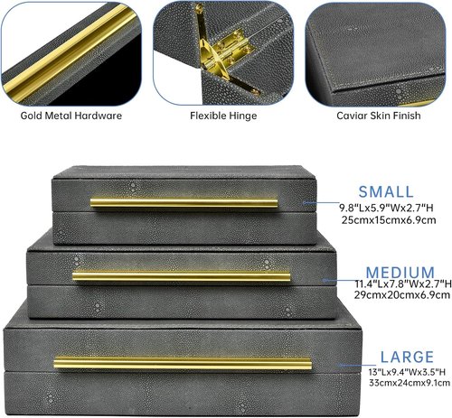 DECOR4SEASON Faux Shagreen Storage Boxes - Set of 3 Stackable Jewelry Organizers with Gold Handles & Velvet Lining, Modern Grey Design for Vanity & Entryway Decor