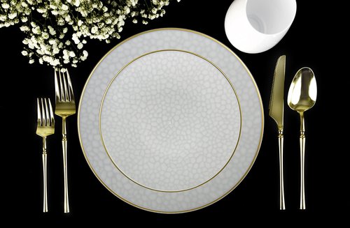 PARTY BARGAINS Plastic Plates with Gold Rim, 64-Pack Hammered Transparent White Disposable Party Plates, 7″ Appetizer & 10″ Dinner Plates for Weddings, Parties & Events