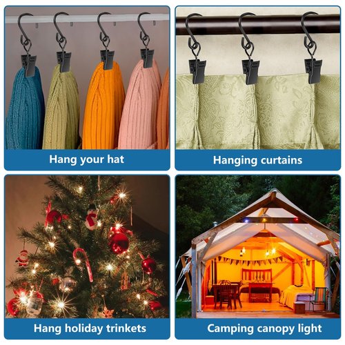 BXUYAOXMC 100-Pack Heavy Duty S Hooks with Clips, 2.36 Inch Metal String Light Clips for Outdoor Patio, Rust-Proof Curtain Hooks for Hanging Christmas Lights, Party Decor, Gutters, Awning - Black