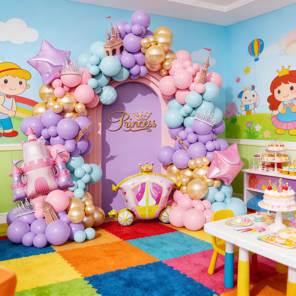 PageebO Princess Balloon Garland Arch, 154Pcs Pastel Blue Pink Purple Gold Balloons with Castle Carriage Star Foil Balloons for Girls Princess Rainbow Baby Shower Birthday Fairytales Party Decortion