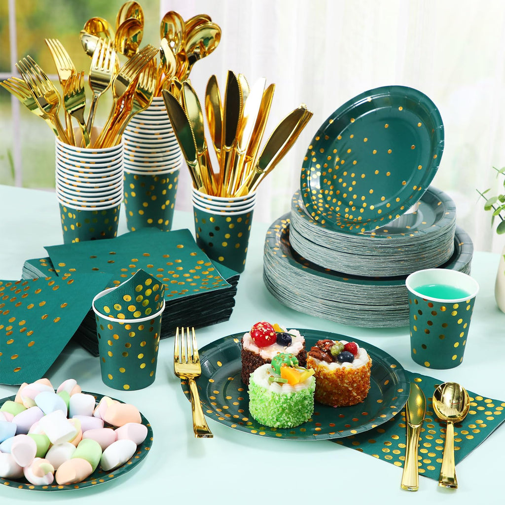 Sieral 560 Pcs Dark Green and Gold Party Supplies for 80 Guests Disposable Dinnerware Sets Green Paper Plates Napkin Cups Gold Plastic Fork Knives Spoons for Wedding Graduation Birthday Party