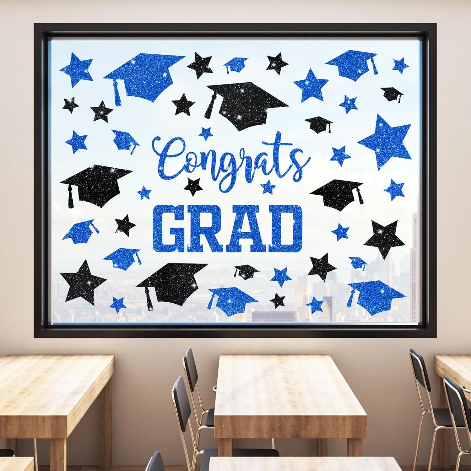 Whaline Glitter Graduation Window Clings - Reusable Blue & Black Decor for Home & School Celebrations