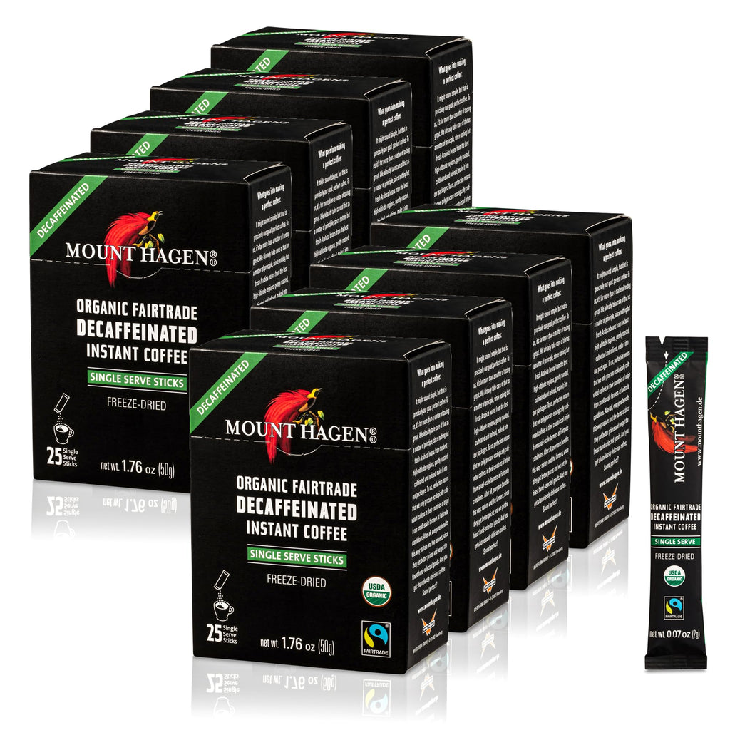 Mount Hagen 25 Count Single Serve Instant Decaf Coffee Packets - 8 pack | Decaffeinated Organic Medium Roast Arabica Beans | Eco-friendly, Fair-Trade [8 x 25 sticks/1.76oz/50g], Pack of 8
