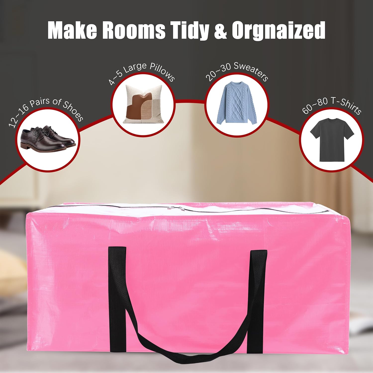PANDA JOYS Extra Large Moving Bags - Heavy-Duty Storage Totes with Zippers & Handles | 12-Pack, Pink