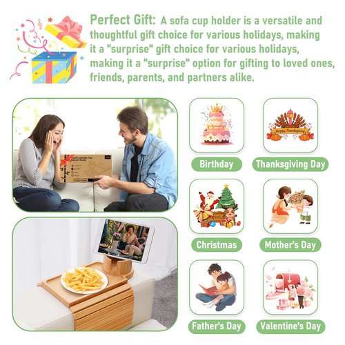 SINWANT Couch Cup Holder Tray,Large Bamboo Couch Armrest Table with Cup Holder,Foldable Anti-Slip Sofa Arm Tray for Coffee Cup,Water Bottles,Mug,Snacks,Remote