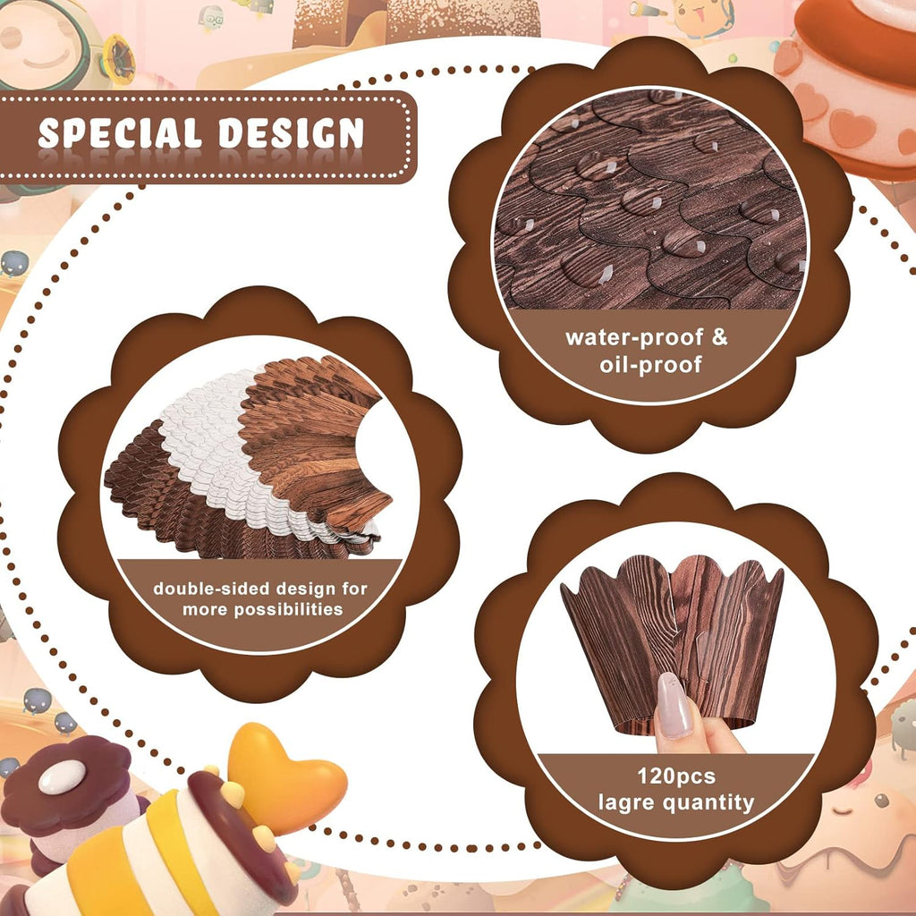 Skiennix Wood Grain Cupcake Wrappers - 120 Pcs Rustic Cake Liners for Baby Shower & Weddings | Woodland Theme