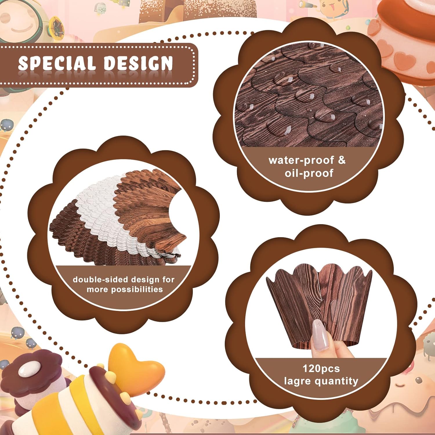 Skiennix Wood Grain Cupcake Wrappers - 120 Pcs Rustic Cake Liners for Baby Shower & Weddings | Woodland Theme
