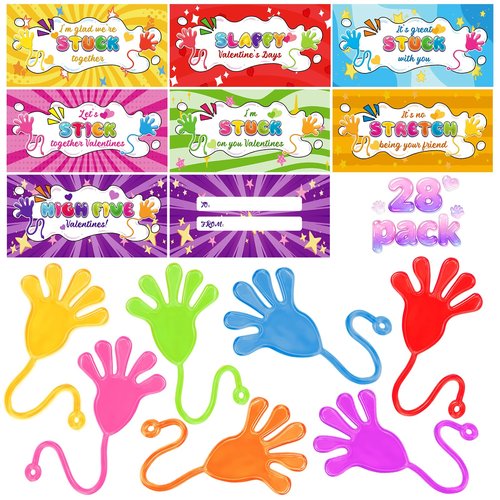 Valentines Day Cards for Kids School, 28 Packs Valentine Day Gifts with Cards for Kids Classroom with Funny Sticky Hands toys, Valentines Party Favors Exchange Gift for Boys Girls