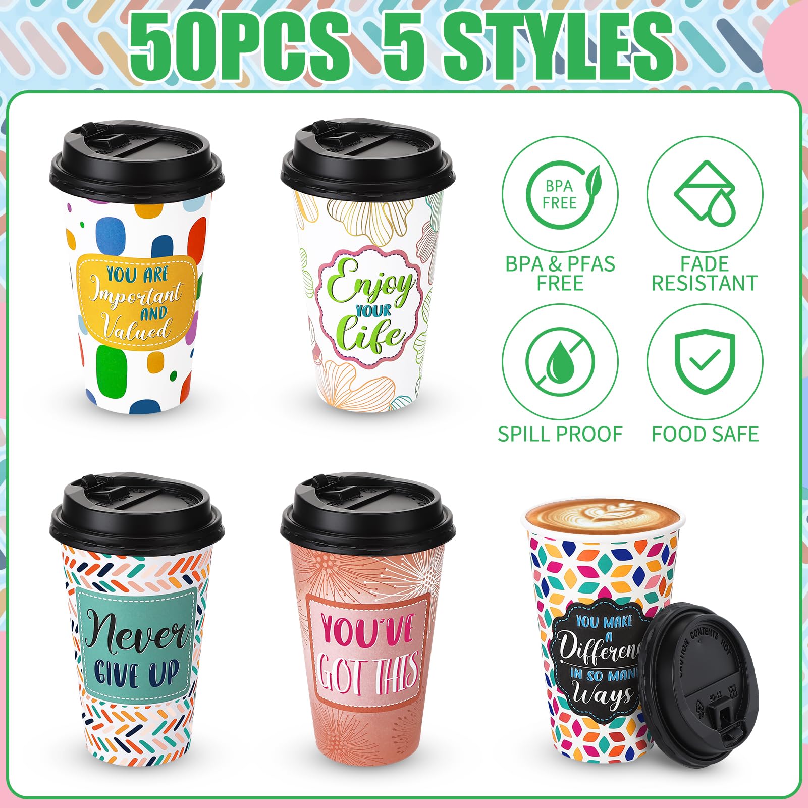Ovveroche 50 Pack 16 oz Disposable Coffee Cups with Lids,5 Motivational Encouragemen Positivity Paper Hot Cups for Hot and Cold Beverages,Coffee,Tea,Water,Juice