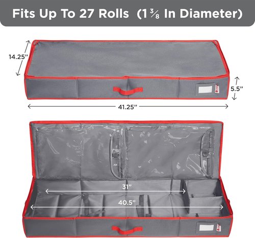 HOLDN' STORAGE Wrapping Paper Storage Container - Durable 600D Tear-Proof Design, Fits 27 Rolls, Extra Pockets for Ribbons & Bows, Underbed Storage - Ideal for Holiday Christmas, Grey/Red Trim