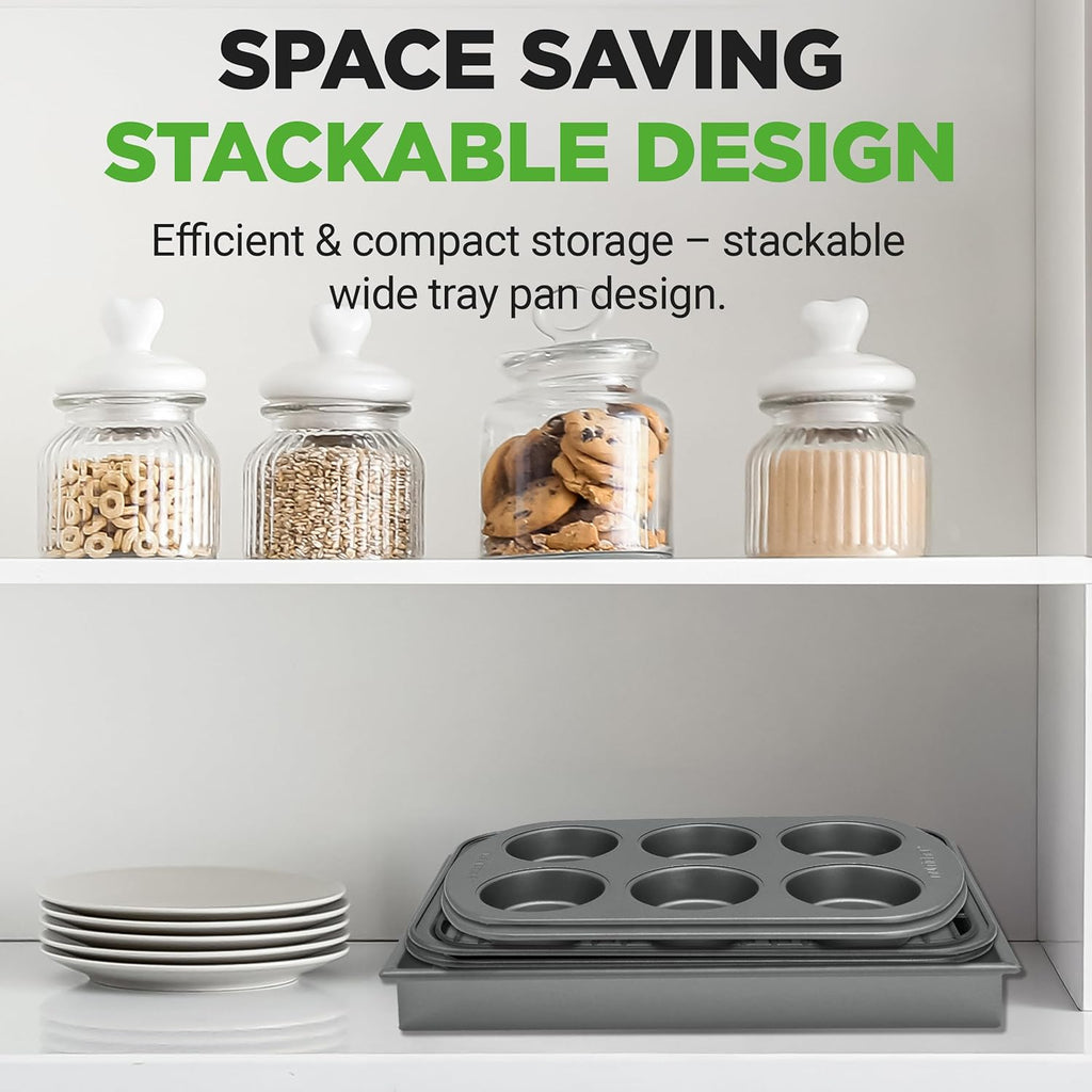 NutriChef 6-Piece Toaster Oven Bakeware Set - Non-Stick, Stackable Carbon Steel Pans & Muffin Trays