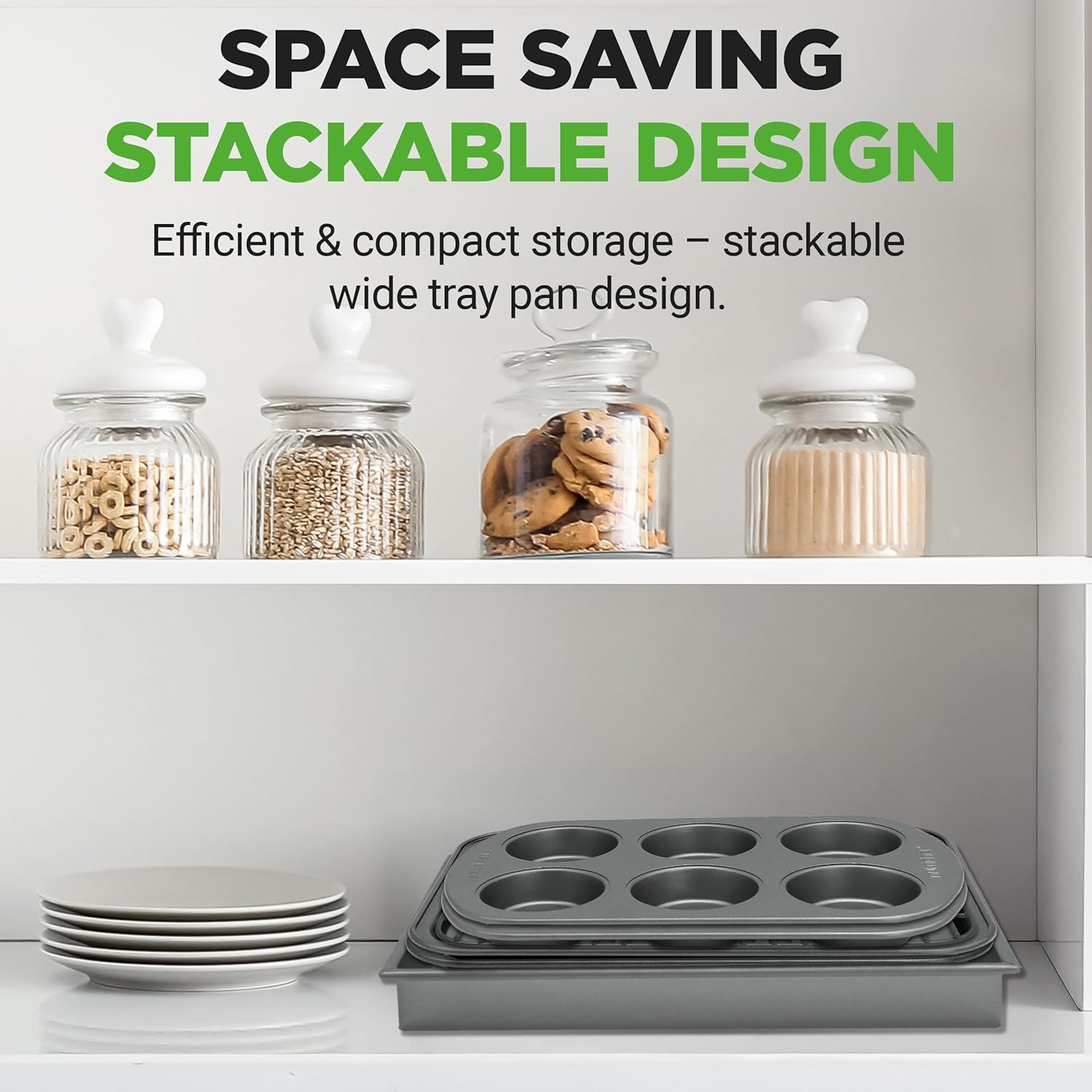NutriChef 6-Piece Toaster Oven Bakeware Set - Non-Stick, Stackable Carbon Steel Pans & Muffin Trays