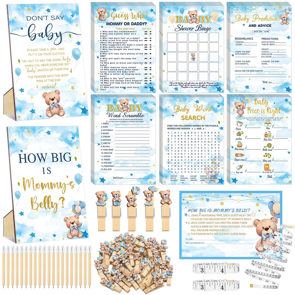 Funnymoom 426 Pcs Blue Theme Bear Baby Shower Decorations Games Set-8 Games Includes Bearly Wait Baby Shower Decorations Bingo Prediction and Advice How Big is Mommy's Belly Don't Say The Words
