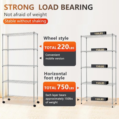 FDW 5-Tier Wire Storage Shelves - Adjustable Heavy-Duty Metal Racks with Wheels | 30"x14"x61" | Chrome Finish, Holds Up to 220 lbs | Tool-Free Assembly for Home & Garage