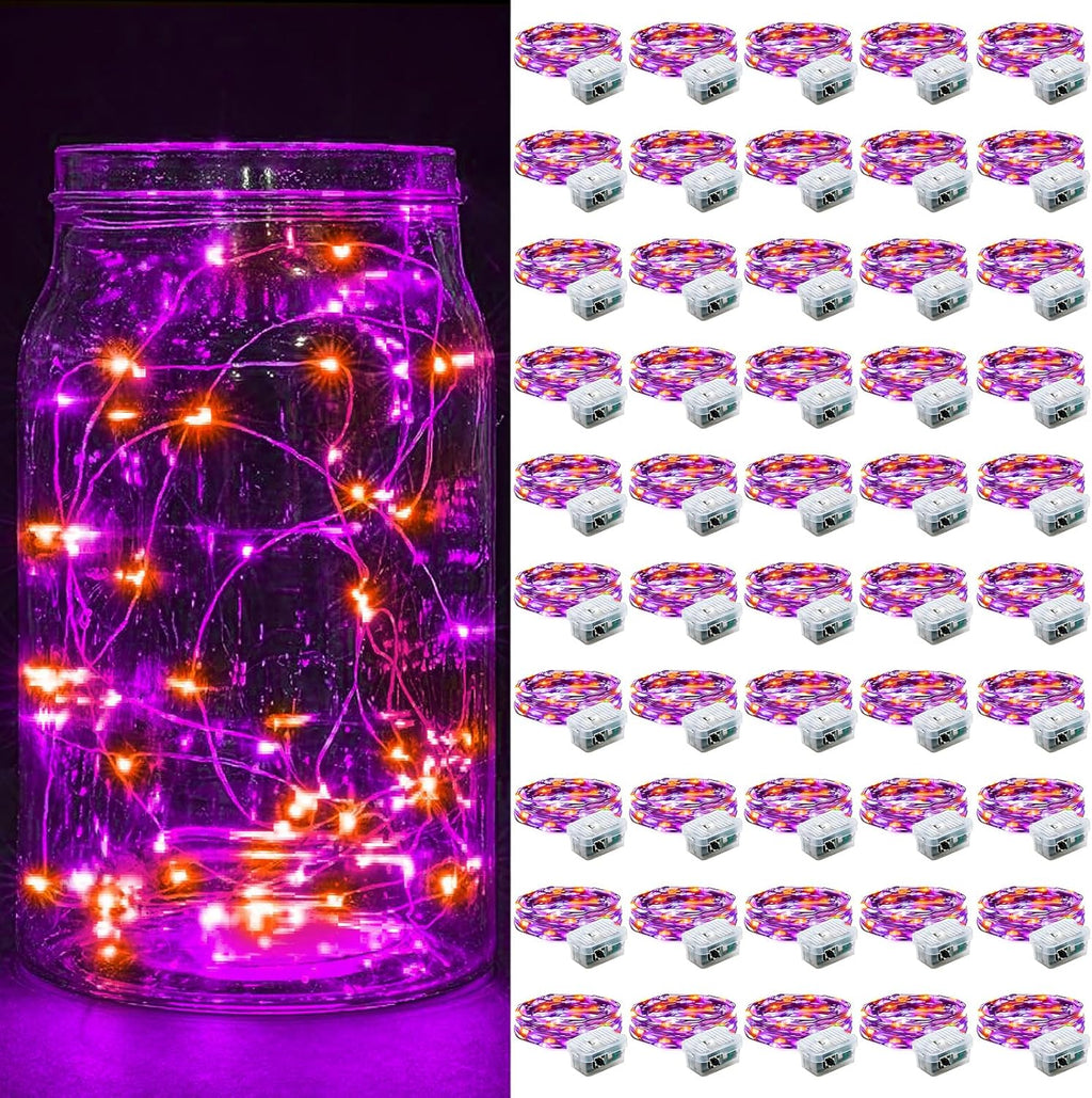 Skiennix 50 Pack Fairy Lights | 7Ft 20 LED Twinkle String Lights - Battery Operated & Waterproof for Parties, Weddings, and Holidays - Orange & Purple