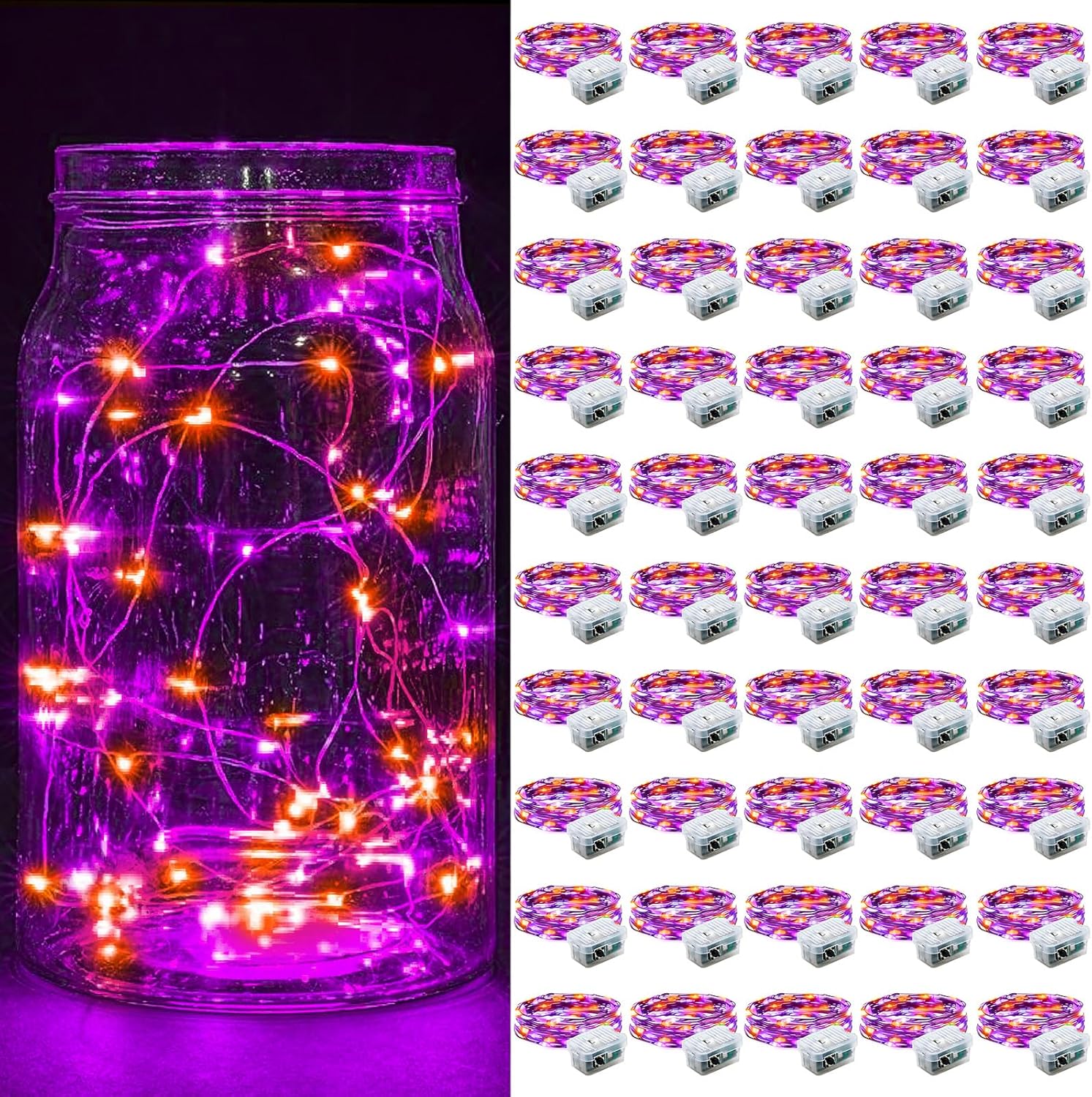Skiennix 50 Pack Fairy Lights | 7Ft 20 LED Twinkle String Lights - Battery Operated & Waterproof for Parties, Weddings, and Holidays - Orange & Purple