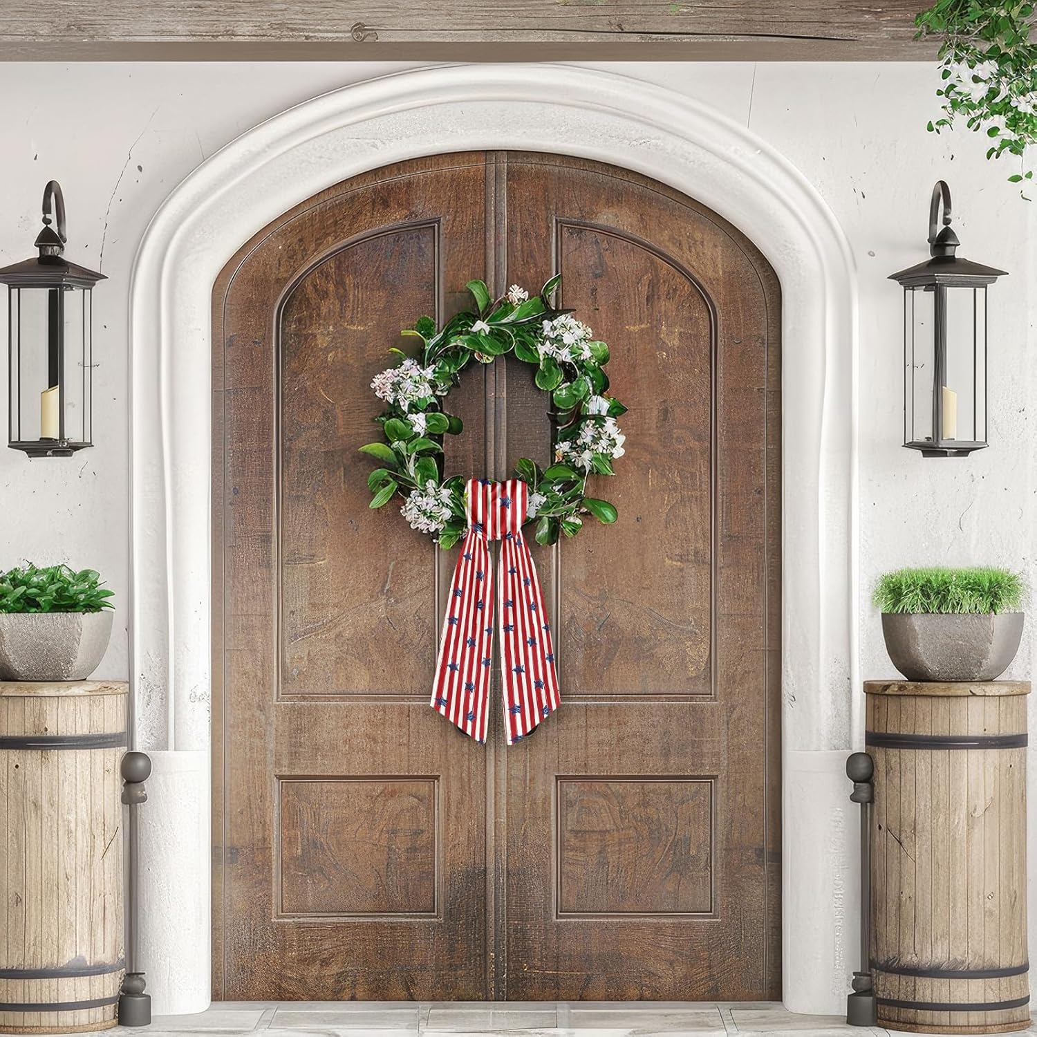 Patriotic Wreath Sash - Red & White Stripe Satin Ribbon for Indoor/Outdoor Decor | 5.1 x 54.3 Inches