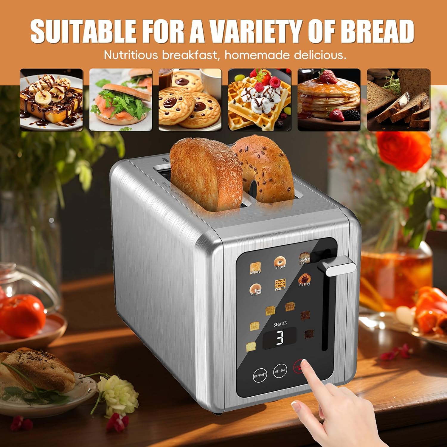 WUNLY 2-Slice Toaster - Touchscreen Control & Digital Countdown Timer - 6 Shade Settings, Titanium