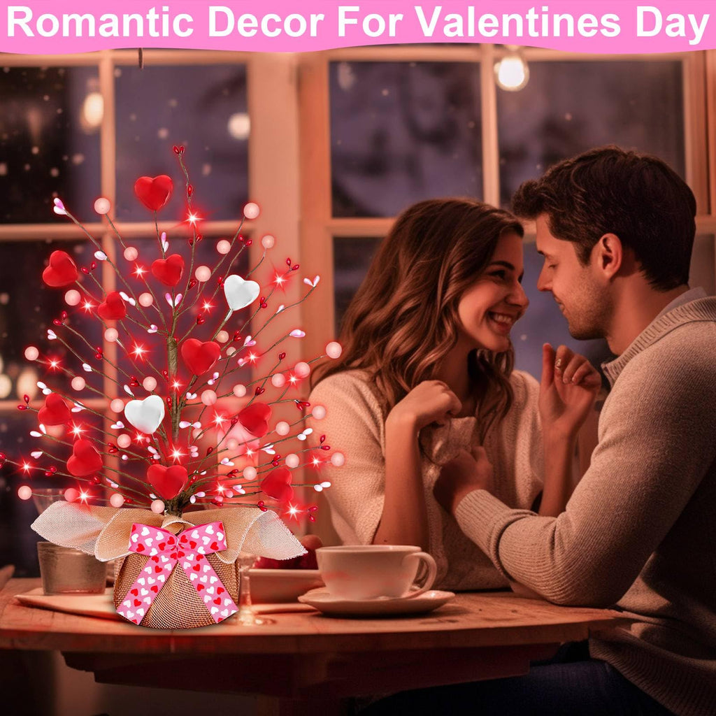 Valentines Day Decorations,Timer Lighted Valentine's Day Tree Tabletop with 20 Red Lights Battery Operated 16 Inch 12 Heart 48 Pink Berries Artificial Tree Valentine's Day Decor Home Party Wedding