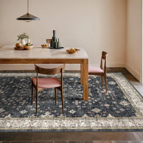 Hazo Haus Washable Black Farmhouse Area Rugs - 7x10 ft, Stain Resistant, Non-Slip for Living Room & Bedroom