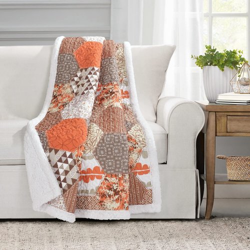 Lush Decor Briley Reversible Throw-Colorful Hexagon Patchwork Pattern Blanket, Tangerine-60 x 50"