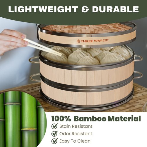 2-tier 12" Bamboo Steamer with Reinforcement & Handle, Reusable Silicone Liner & Accessories Kit For Cooking Dumpling, Baby Bao Bun, Dim Sum, Rice Potsticker Steaming Chinese Asian Food & Vegetables