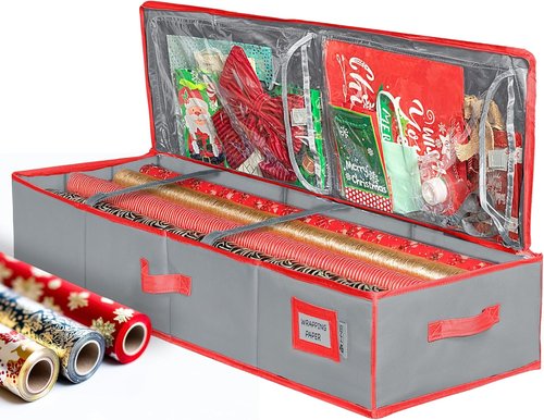 HOLDN' STORAGE Wrapping Paper Storage Container - Durable 600D Tear-Proof Design, Fits 27 Rolls, Extra Pockets for Ribbons & Bows, Underbed Storage - Ideal for Holiday Christmas, Grey/Red Trim