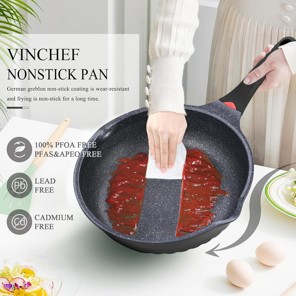 Vinchef Nonstick Skillet - 12.5-Inch Aluminum Deep Frying Pan with Lid & Heat Indicator | Scratch & Stain Resistant