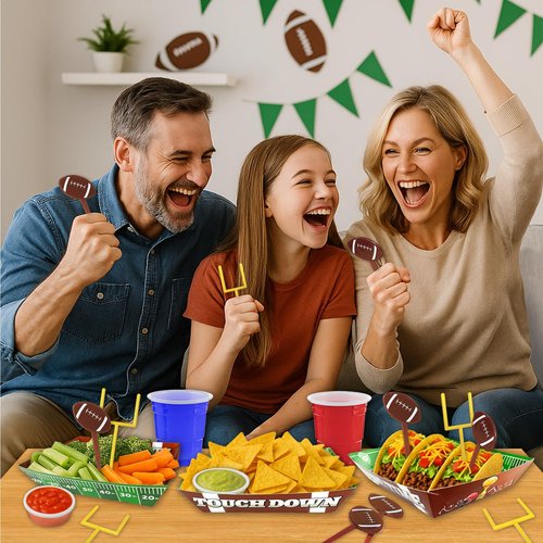 50-Piece Football Party Food Tray Box Kit - 30 Oil-Resistant Paper Snack Trays & 20 Goalpost and Football Picks for Nachos, Popcorn, Chips at Game Day, Tailgate, College Games and Sports Birthdays