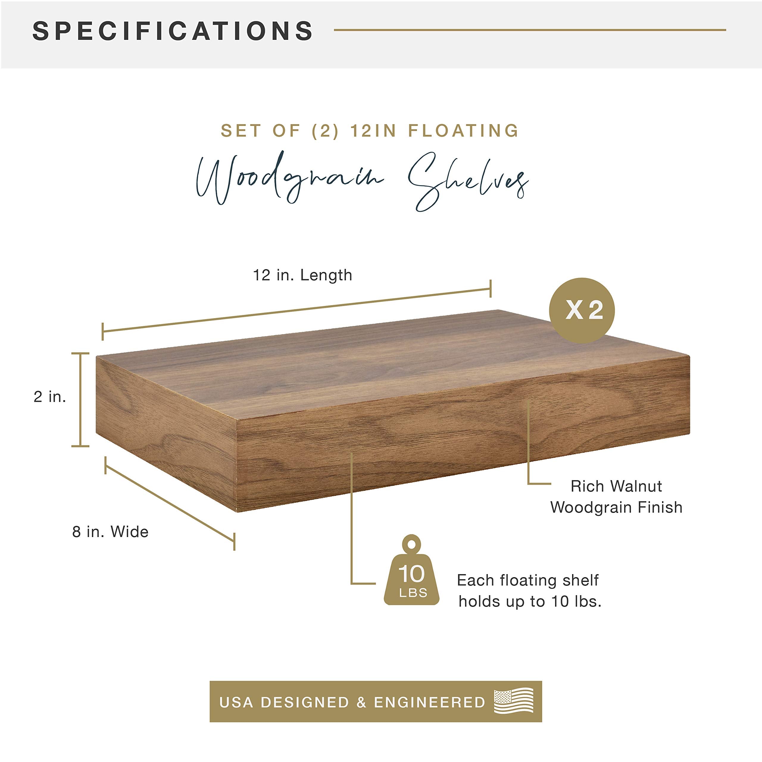 MCS Floating Shelf, Room Decor Wooden Shelf, Walnut Woodgrain, 12 x 8 Inch, Set of 2