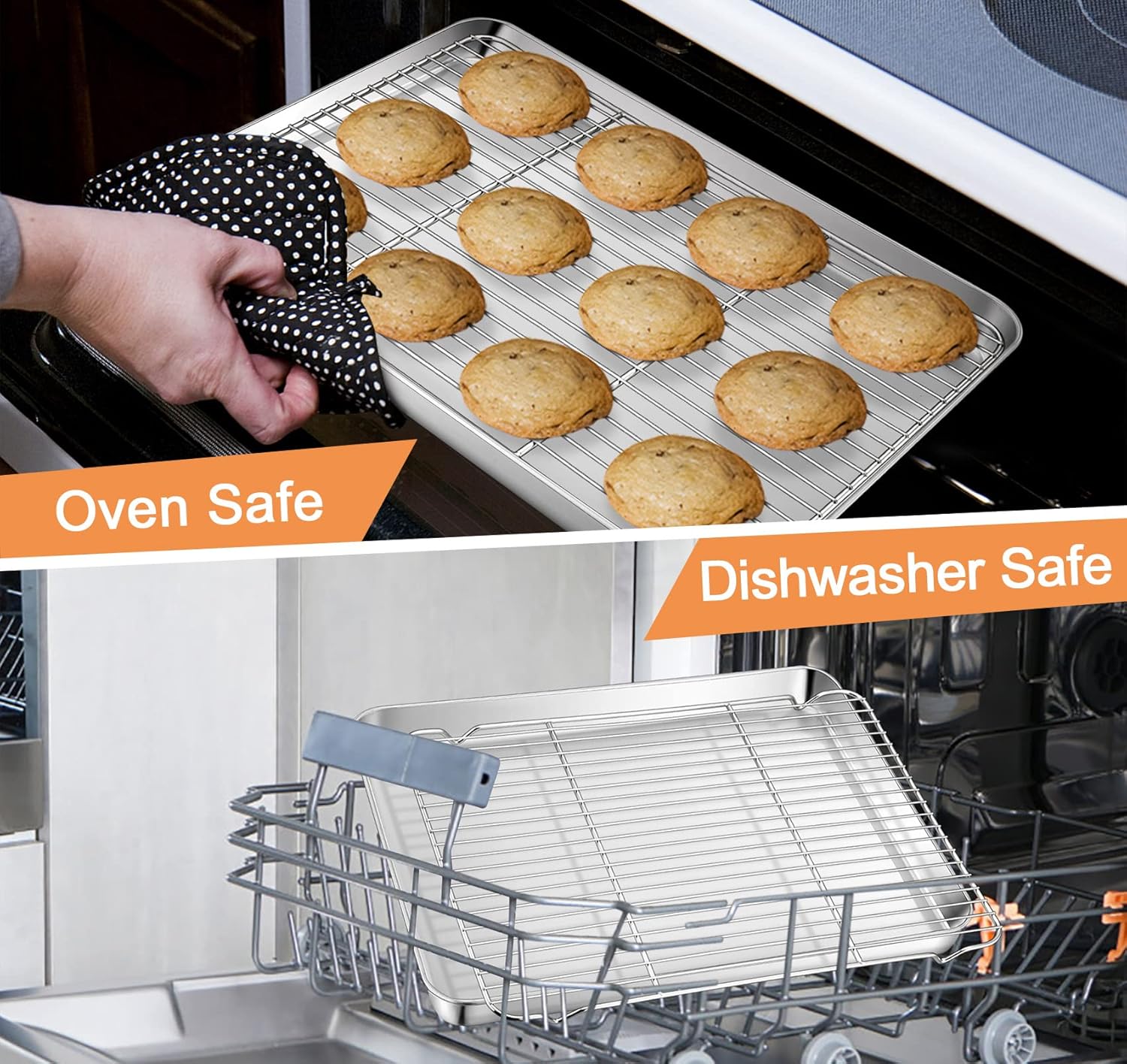 TeamFar Stainless Steel Baking Sheet Set - Heavy Duty Cookie Pan with Cooling Rack | 17.6 x 13 x 1 Inch, Non-Toxic, Dishwasher Safe - Set of 4