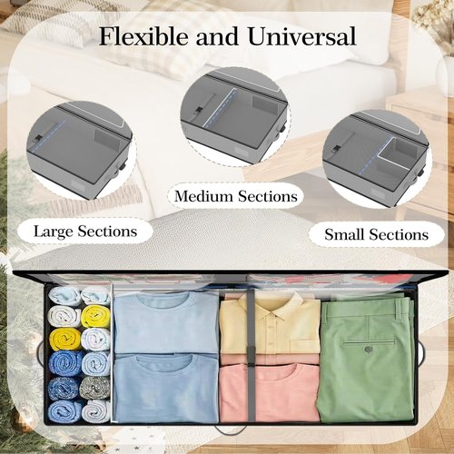 GoMaihe Under Bed Storage - 70L Rolling Bins for Wrapping Paper, Toys & Clothes | Includes Mesh Bag & Adjustable Dividers - Grey