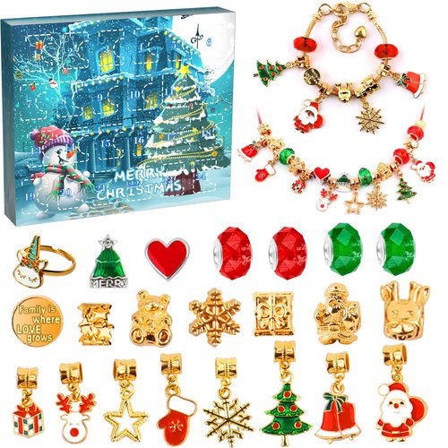 Christmas Advent Calendar Girl Bracelet, 24 Days of Xmas Countdown Calendar Blind Box Surprise, DIY Creative Jewelry Charm Making Kit, 2025 Christmas New Year Birthday Gift for Kids Teens Women