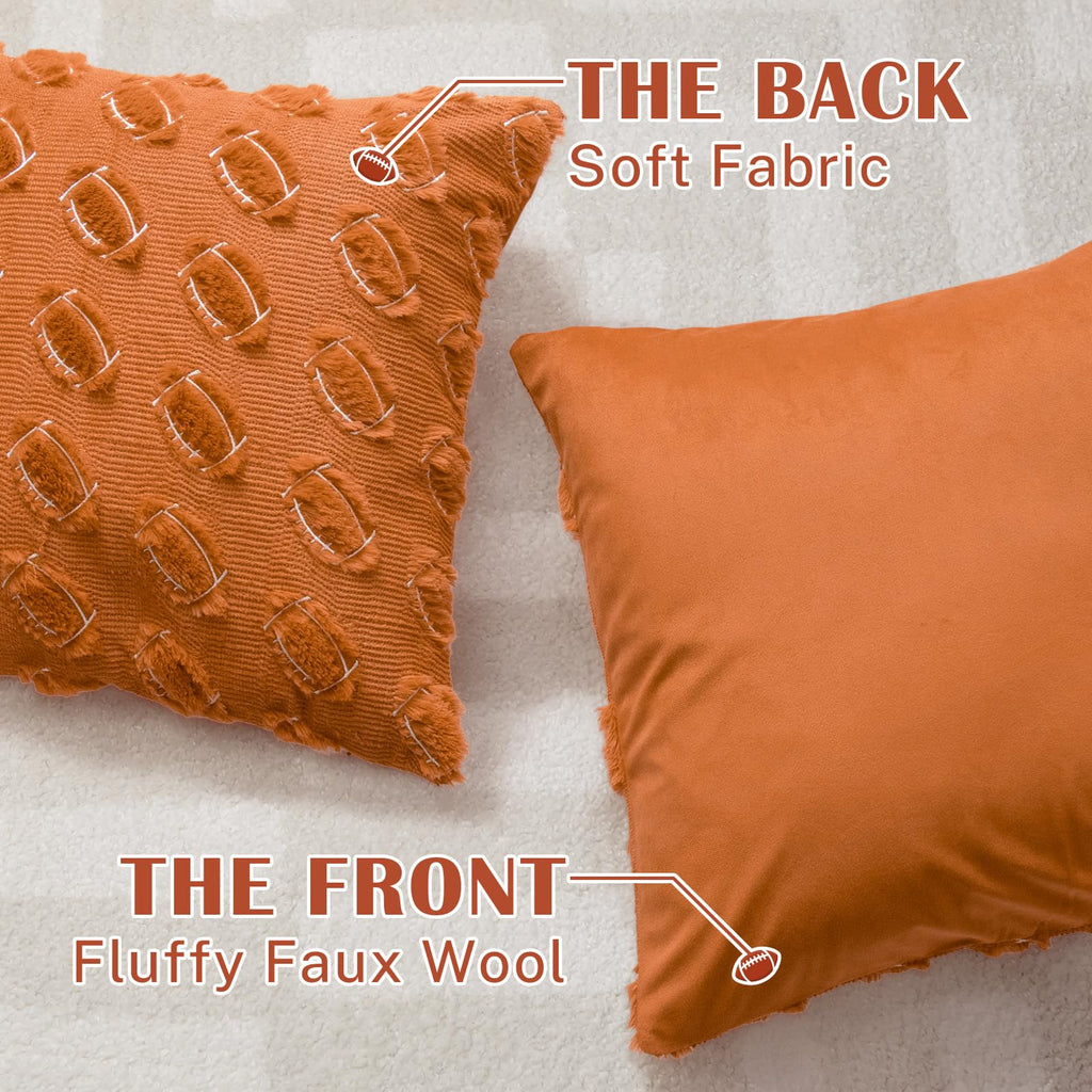 Emvency Football Throw Pillow Covers 18x18 Set of 2, Brown Sports Room Decor Cute Western Soft Plush Faux Fur Wool Aesthetic Decorative Pillow Case for Couch Bed Sofa Living Room
