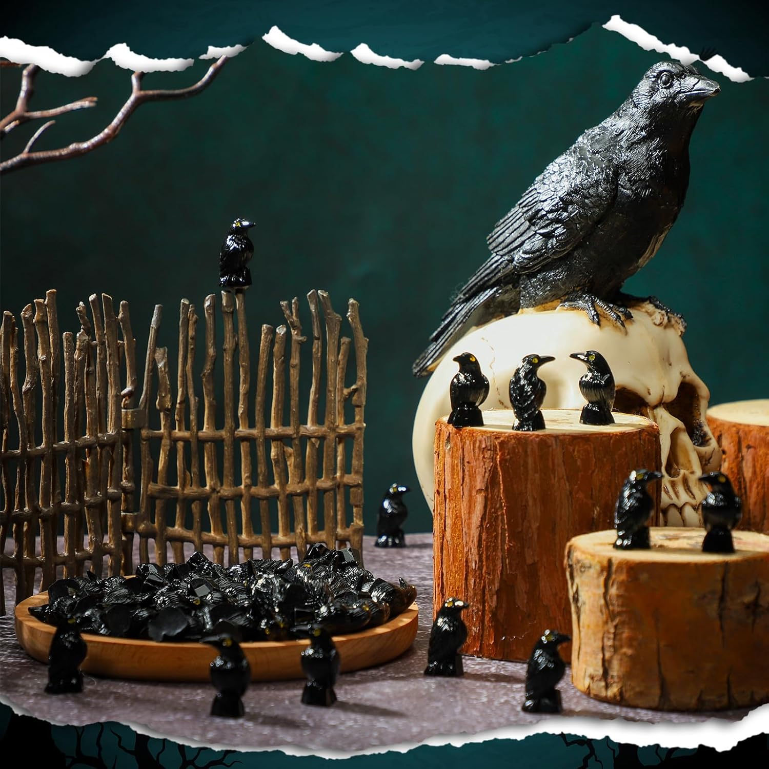 Skiennix Miniature Crows Decor - 150 Pcs Black Resin Raven Figurines for Spooky Holiday Scenes