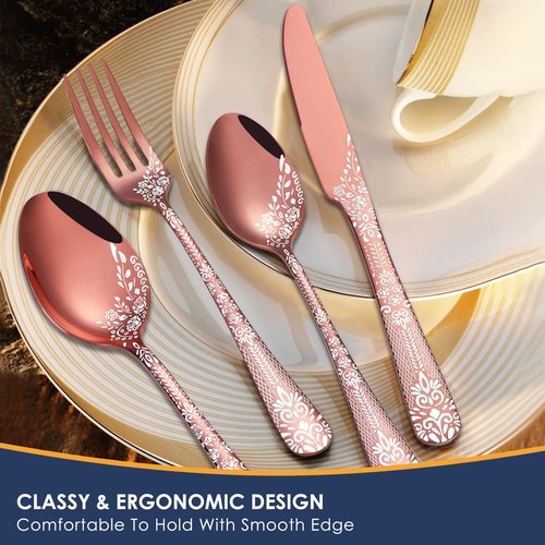 EUIRIO 72-Piece Copper Silverware Set with Steak Knives,Rose Gold Flatware Set for 12,Stainless Steel Tableware Cutlery Set，Kitchen Utensils Spoon and Fork Set with Floral Laser，Dishwasher Safe