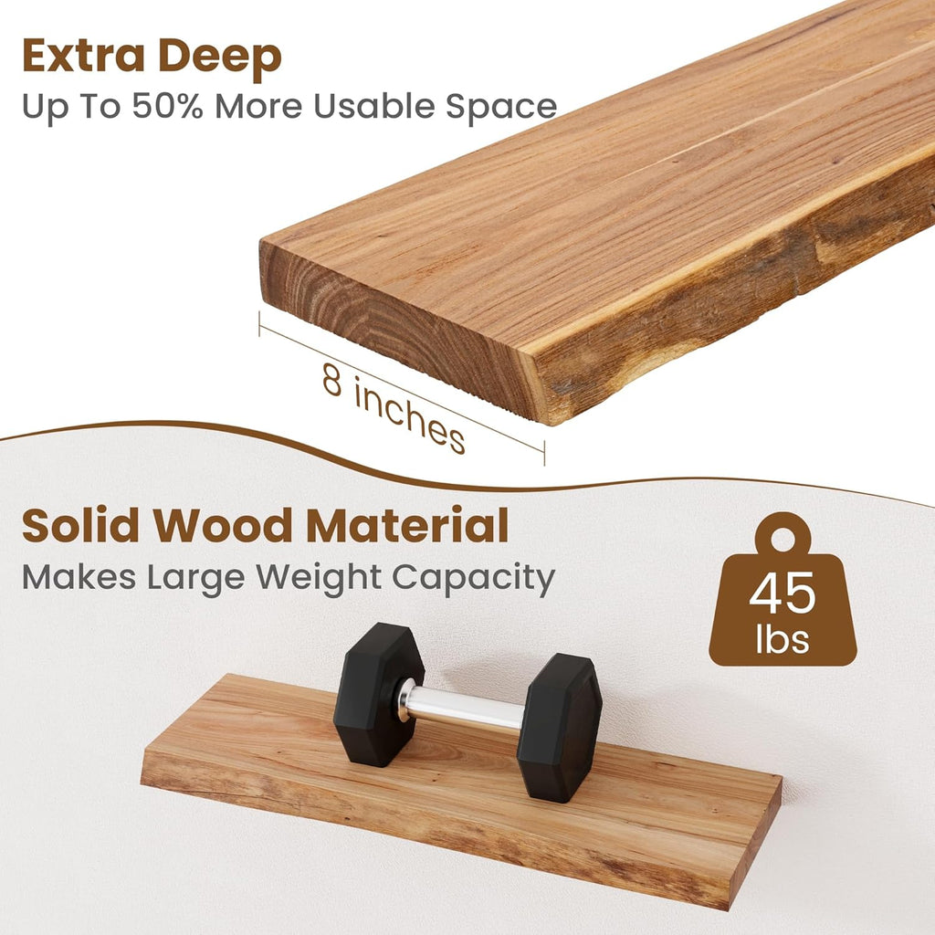 Rustic Solid Elm Wood Floating Shelves by [Brand Name] - Live Edge Wall Mounted Design | Set of 2, 24 Inch, Natural Finish
