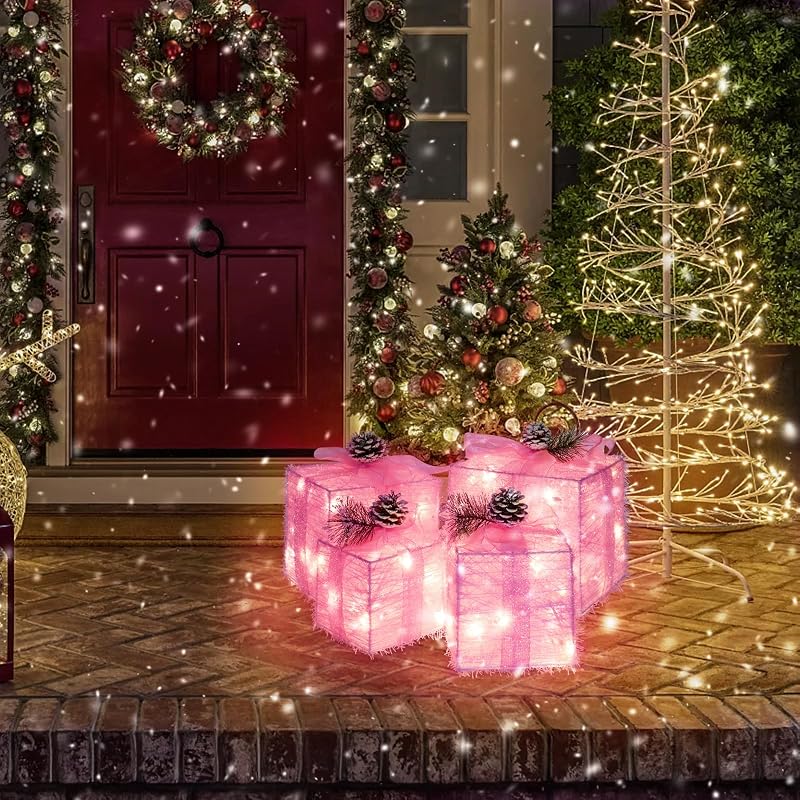 Pink Lighted Gift Box Set - 4 Pcs Christmas Decoration with 75 Warm White LEDs (Variation: Pink)